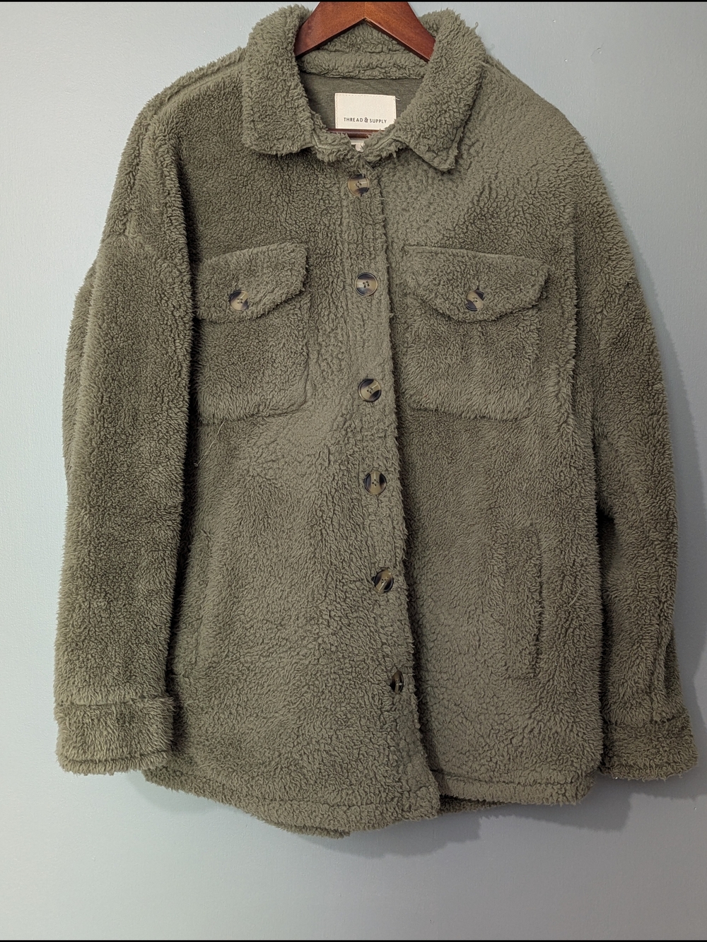 Thread & Supply Women's Faux Shearling‎ Teddy Shacket Olive Green Fairy Grunge